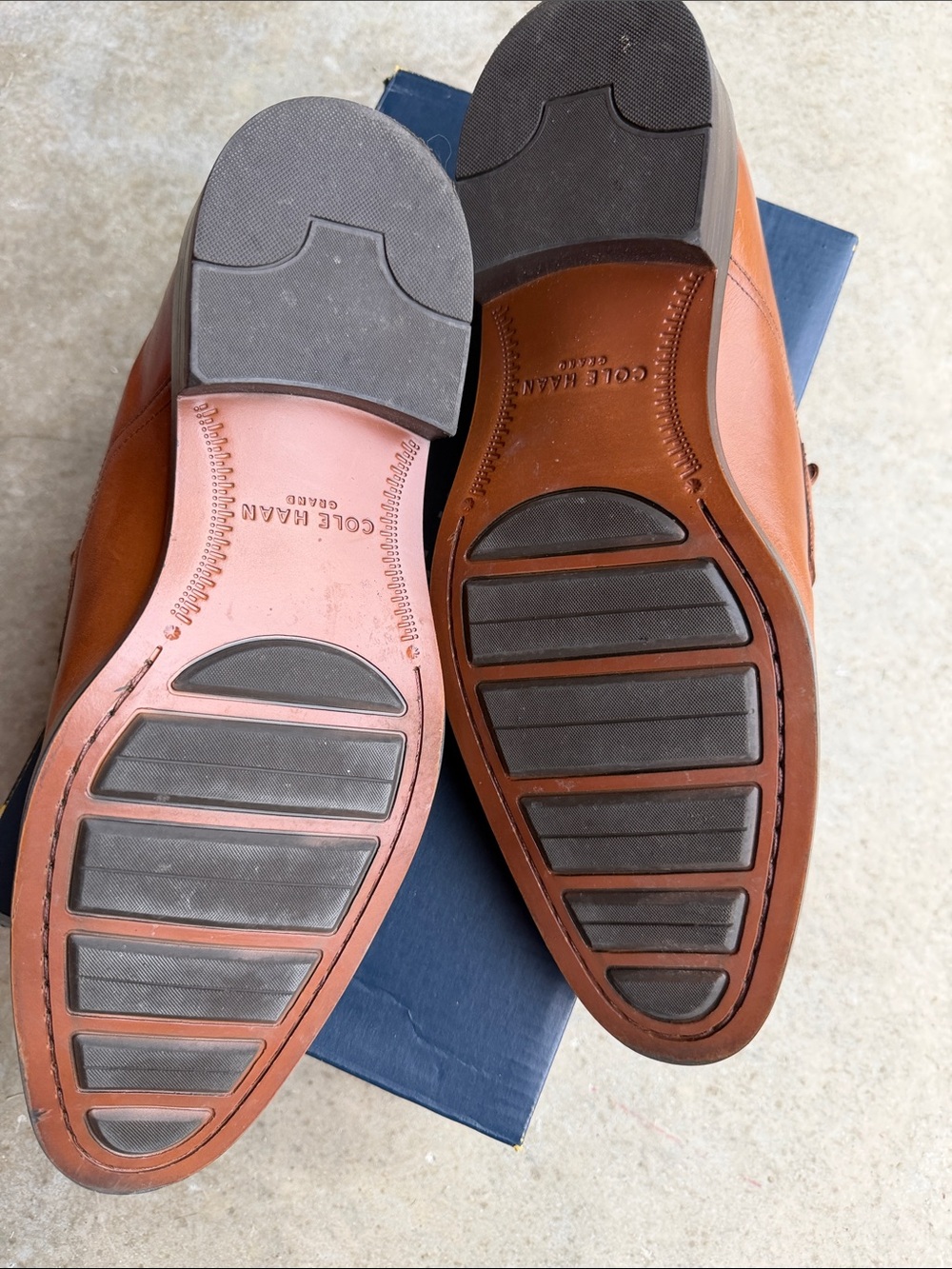 Cole Haan Brown Leather Penny Loafers with Navy & Yellow Insole - Picture 3 of 5